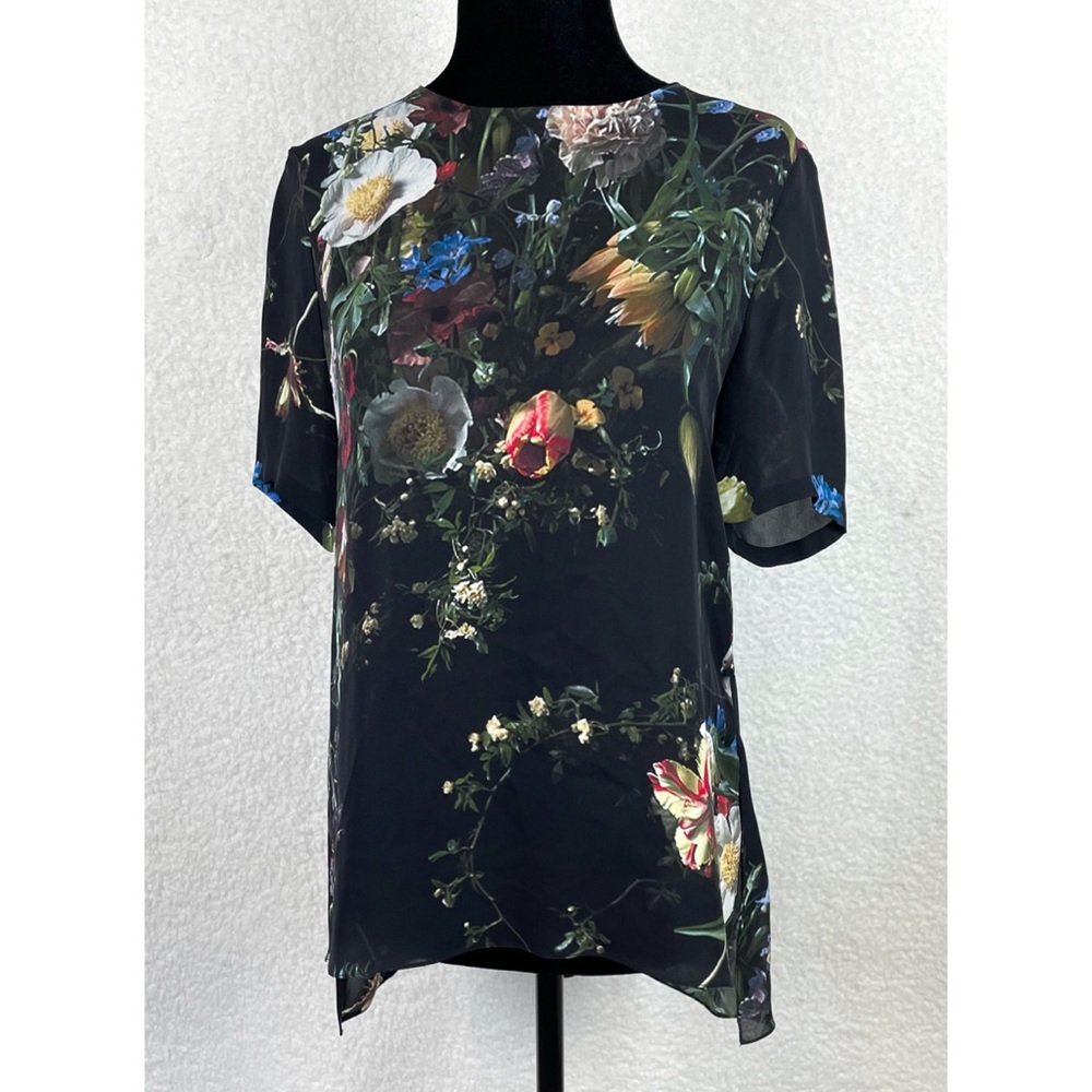 ADAM LIPPES • Black/Multi Floral Print Silk T-Shirt Blouse, 0 - Picture 2 of 13